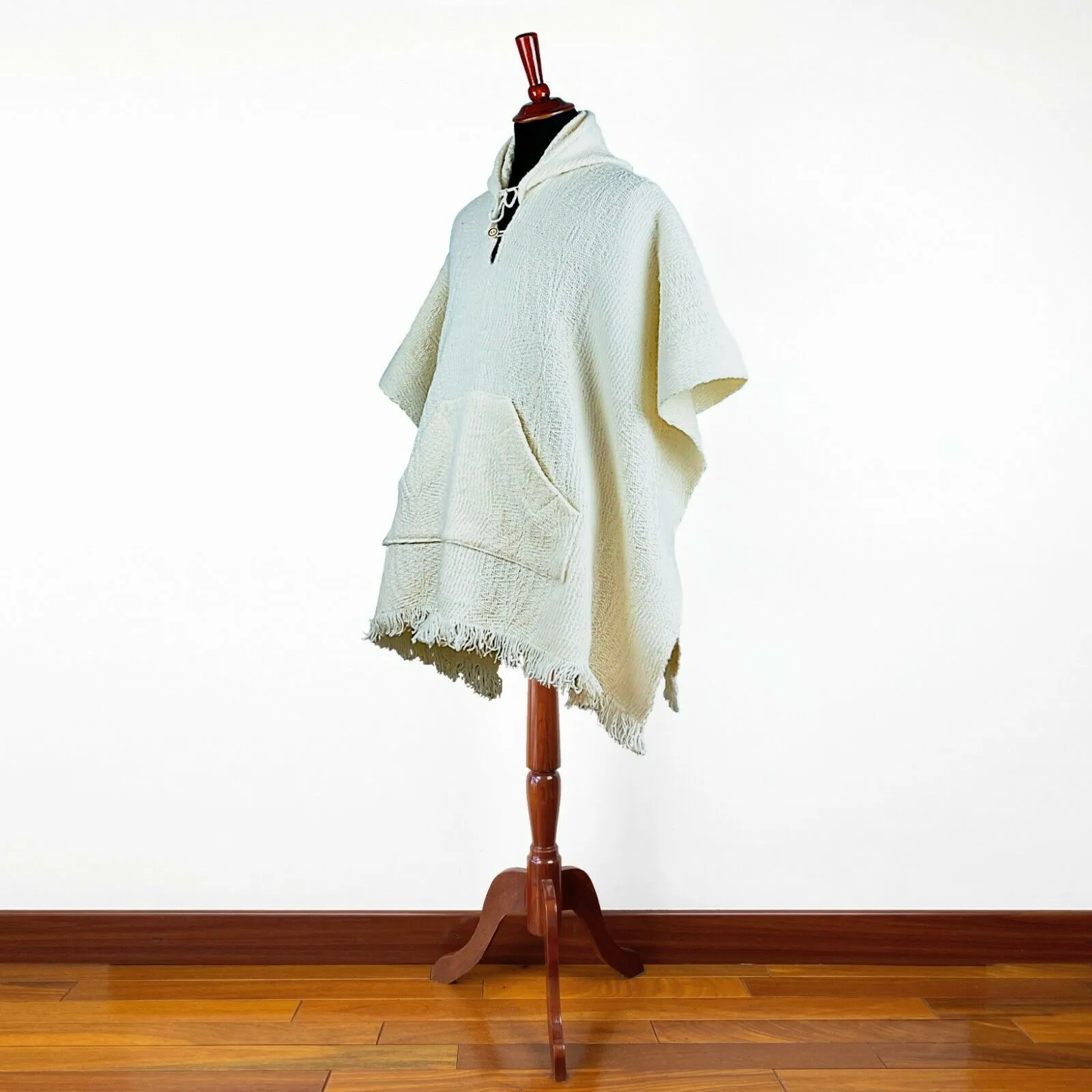 Llama Wool Unisex Handwoven Hooded Poncho - wavy striped white pattern - pocket