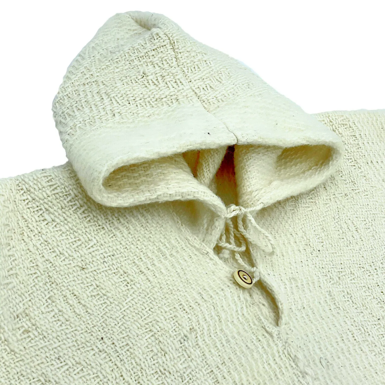 Llama Wool Unisex Handwoven Hooded Poncho - wavy striped white pattern - pocket