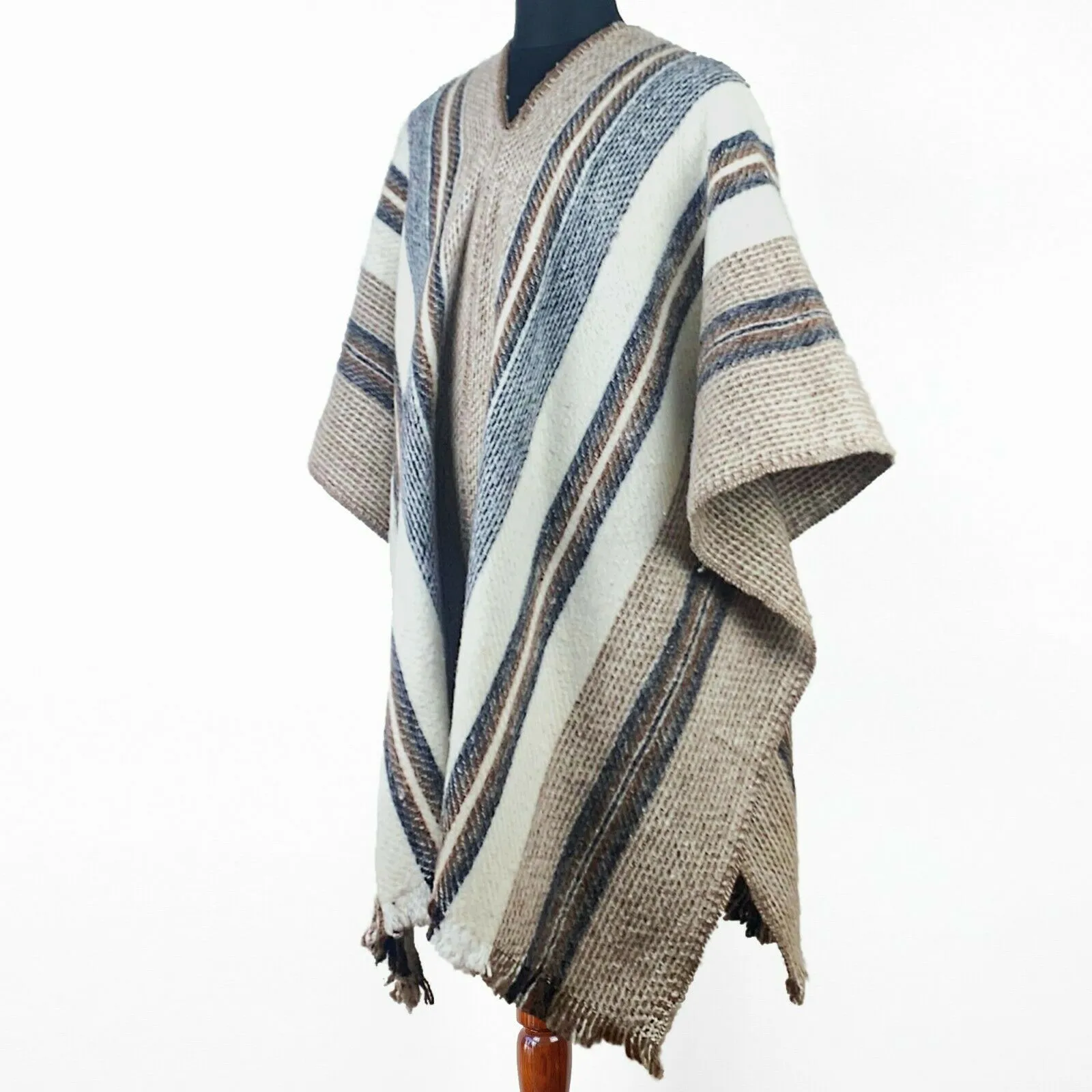 Llama Wool Unisex South American Handwoven Serape Poncho - M-XXL - striped pattern