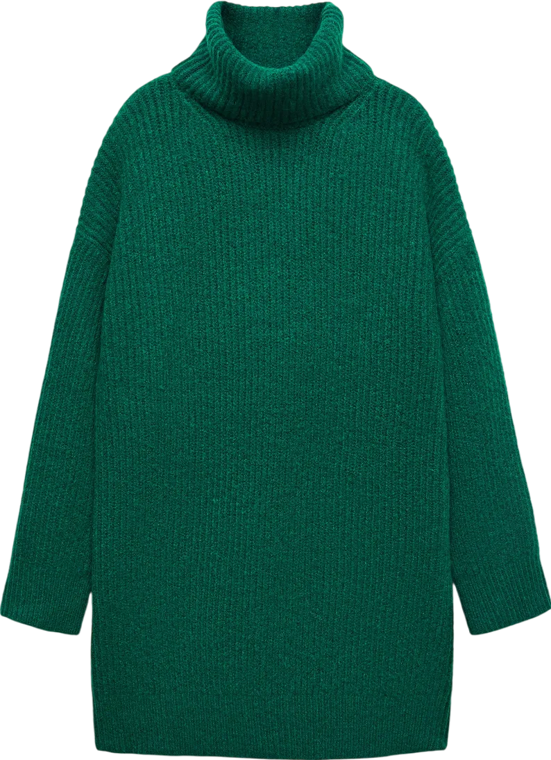 MANGO Green Ribbed Turtle Neck sweater Dress UK S