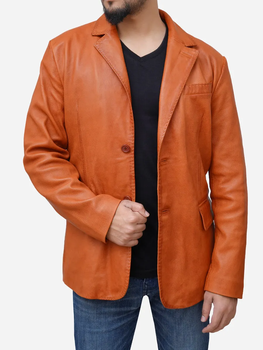 Men Casual Two Button Tan Brown Real Leather Blazer