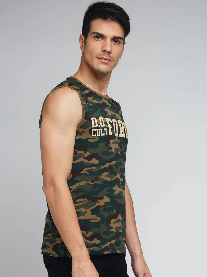 Men Multicoloured Cotton Sleeveless Camo Printed Round Neck Tees