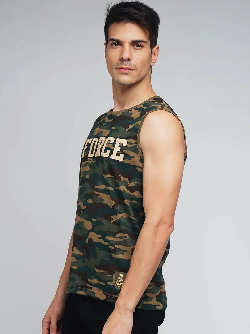 Men Multicoloured Cotton Sleeveless Camo Printed Round Neck Tees