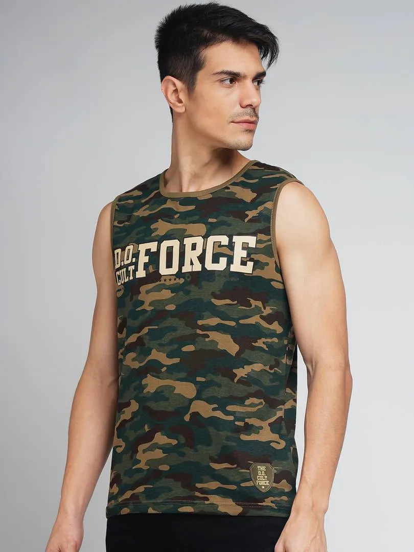 Men Multicoloured Cotton Sleeveless Camo Printed Round Neck Tees