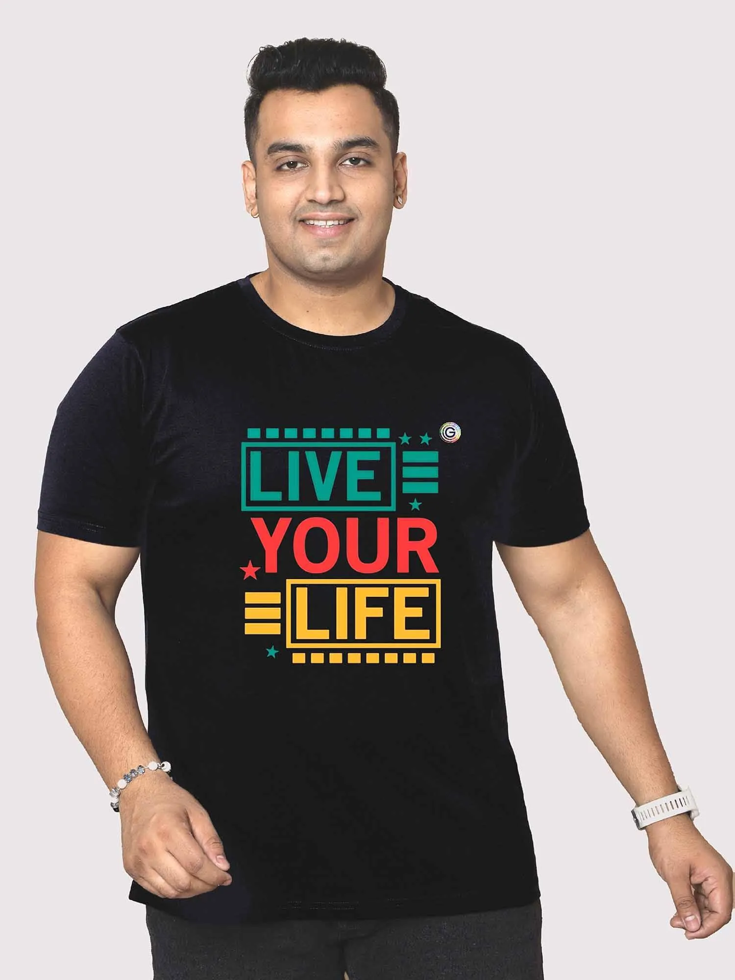 Men Plus Size Black Live Your Life Printed Round Neck T-Shirt