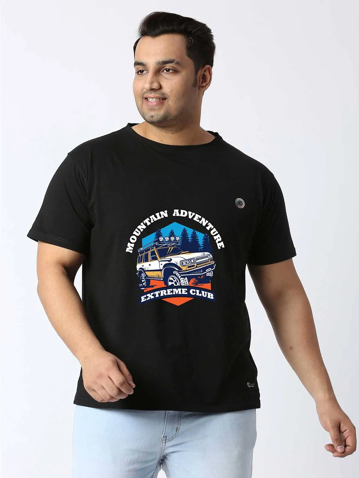 Men Plus Size Black Mountain Adventure Printed Round Neck T-Shirt