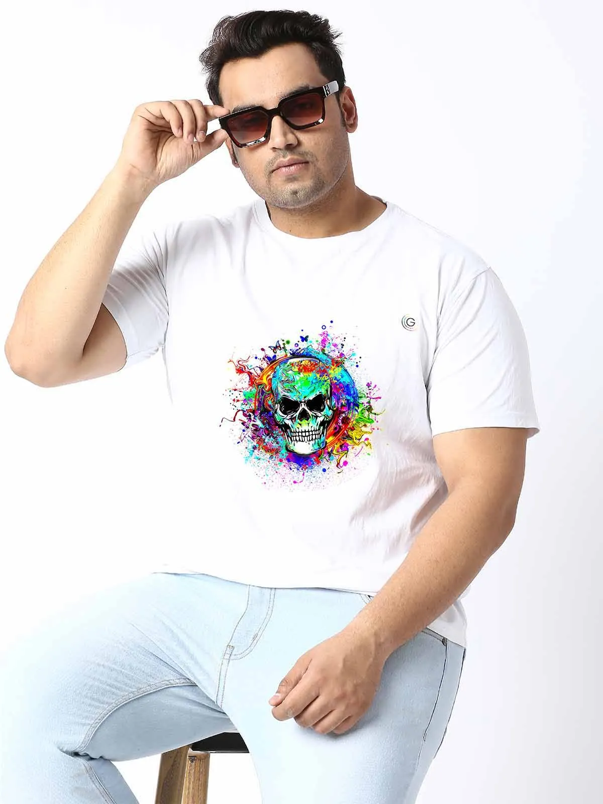 Men Plus Size White Colorful Skull Printed Round Neck T-Shirt