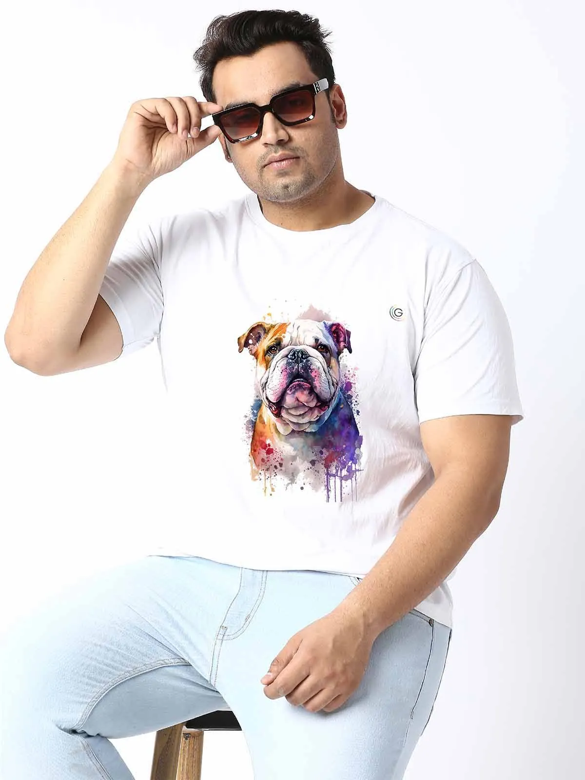 Men Plus Size White Dog Printed Round Neck T-Shirt