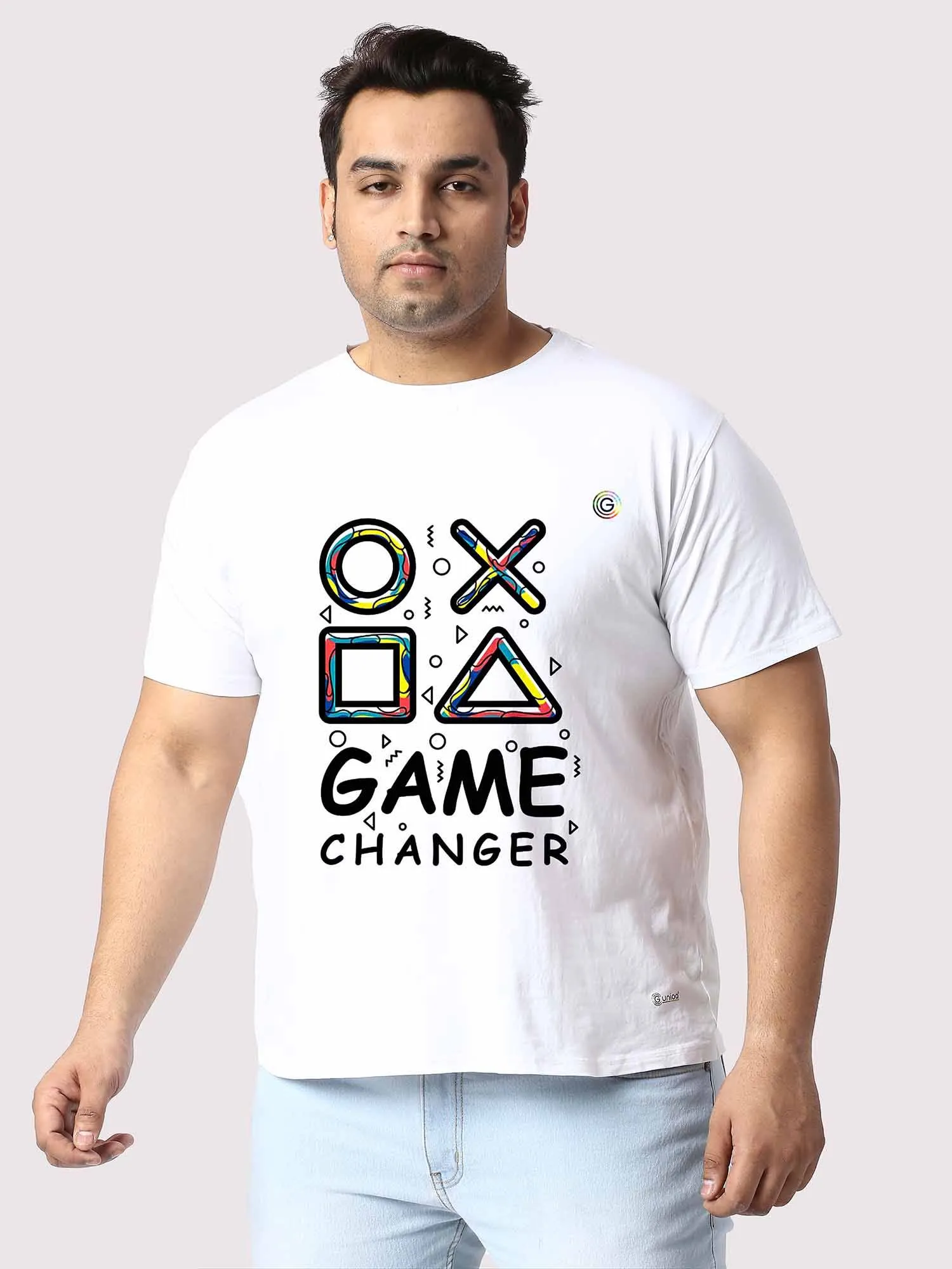 Men Plus Size White Game Changer Printed Round Neck T-Shirt