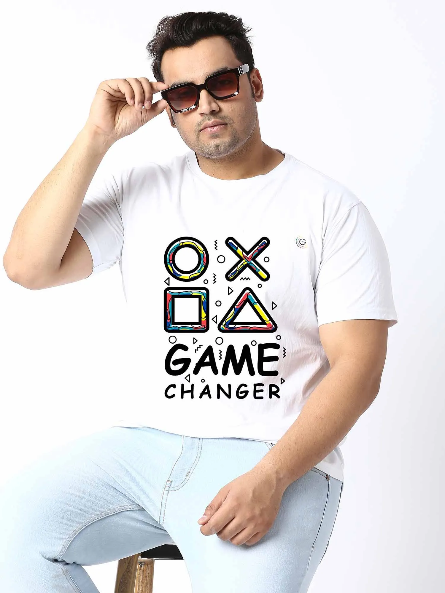 Men Plus Size White Game Changer Printed Round Neck T-Shirt