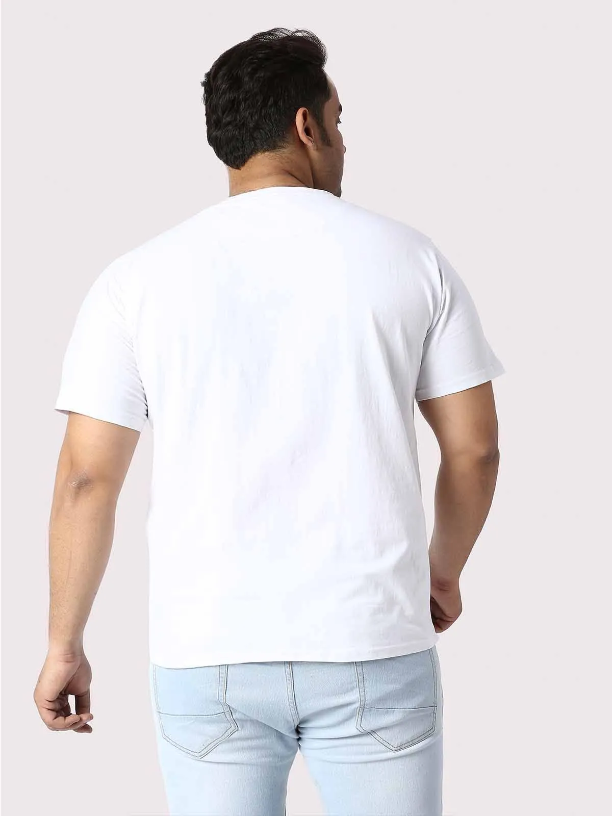 Men Plus Size White 'Little But Loud' Printed Round Neck T-Shirt