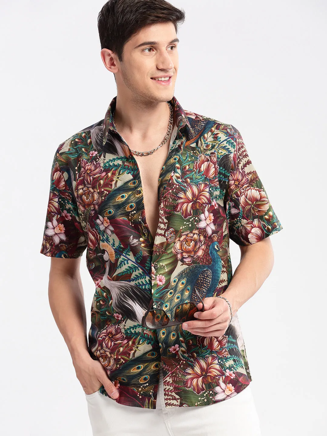 Men Spread Collar Floral Multi Casual Shirt