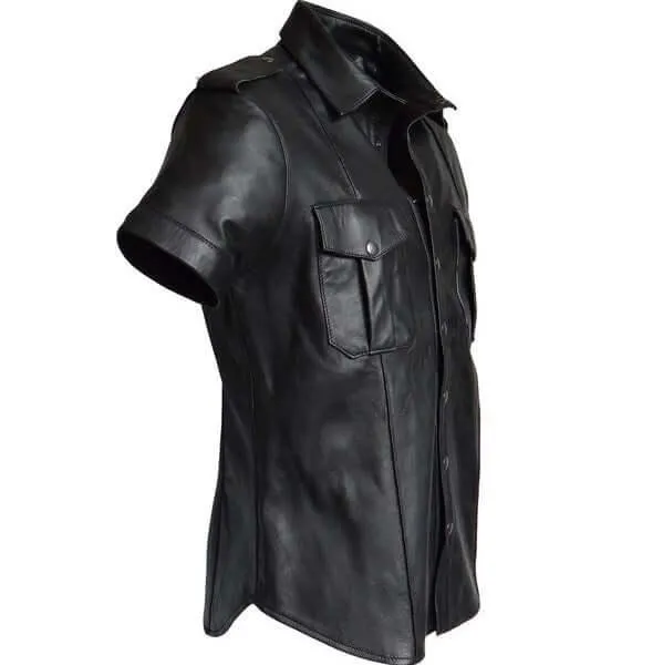 Mens Black Leather Police Shirt