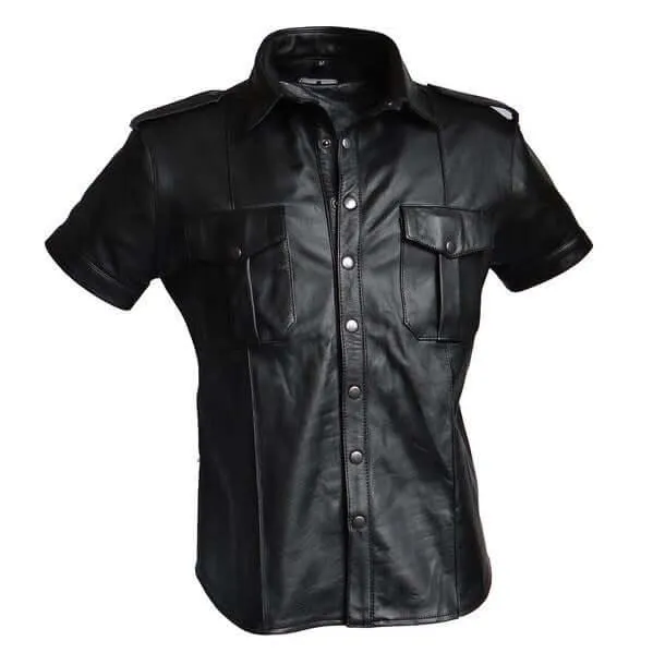 Mens Black Leather Police Shirt