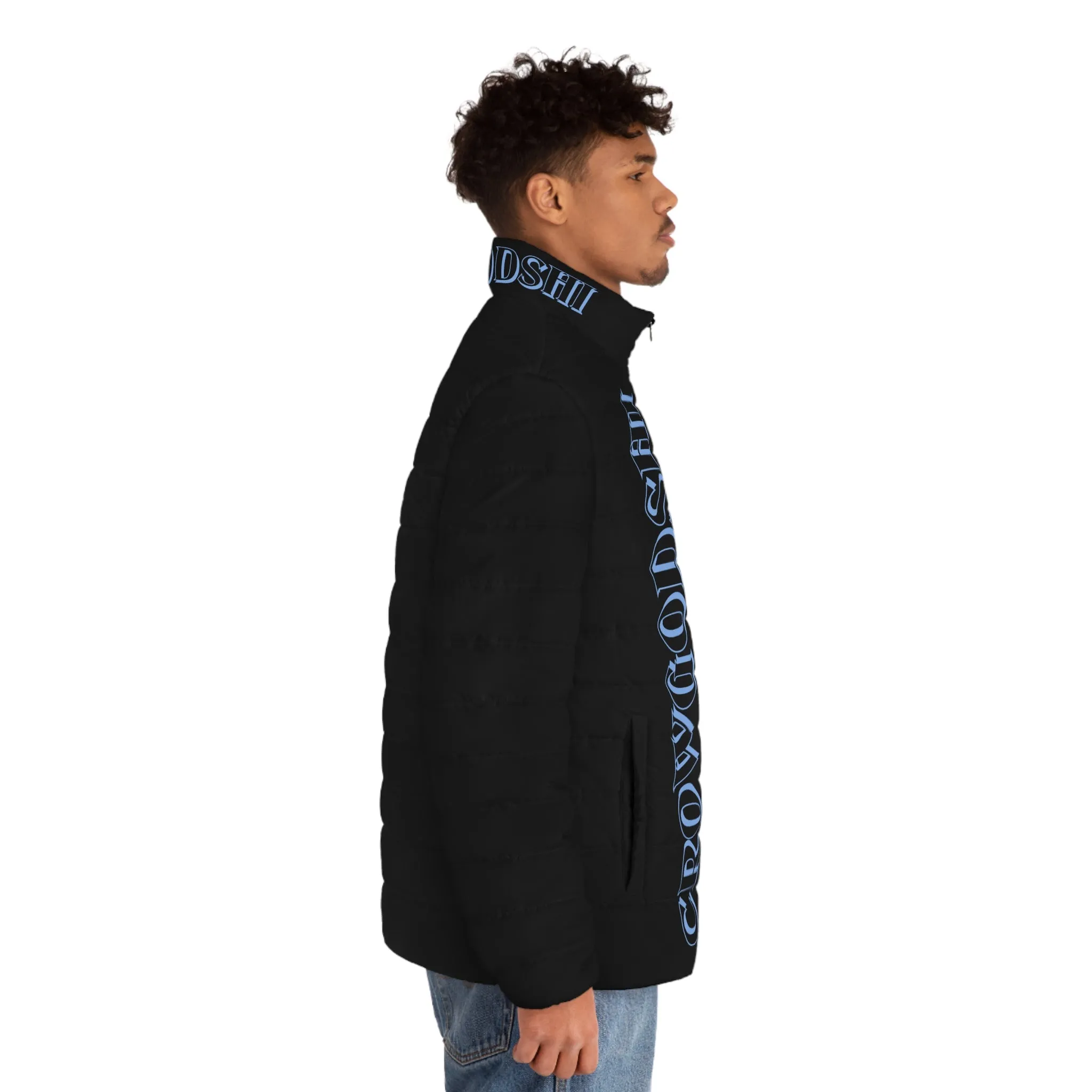 Men's CROWGODSHI 2nd GEN Puffer Jacket, BLACK W/ CAROLINA BLUE LOGO