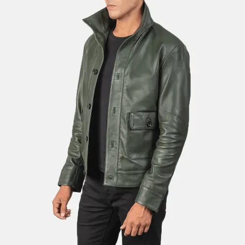 Mens Green Leather Bomber Jacket