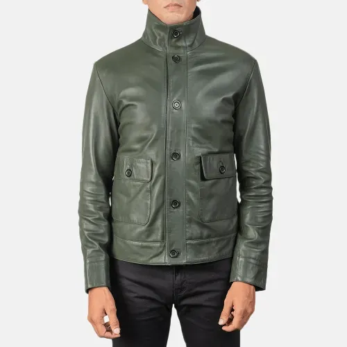 Mens Green Leather Bomber Jacket