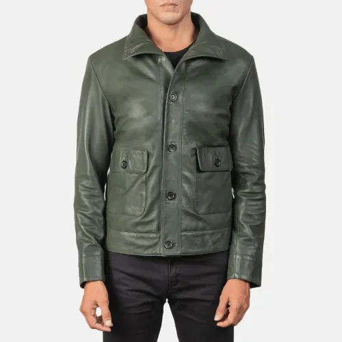 Mens Green Leather Bomber Jacket