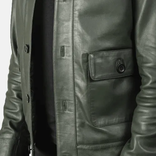 Mens Green Leather Bomber Jacket