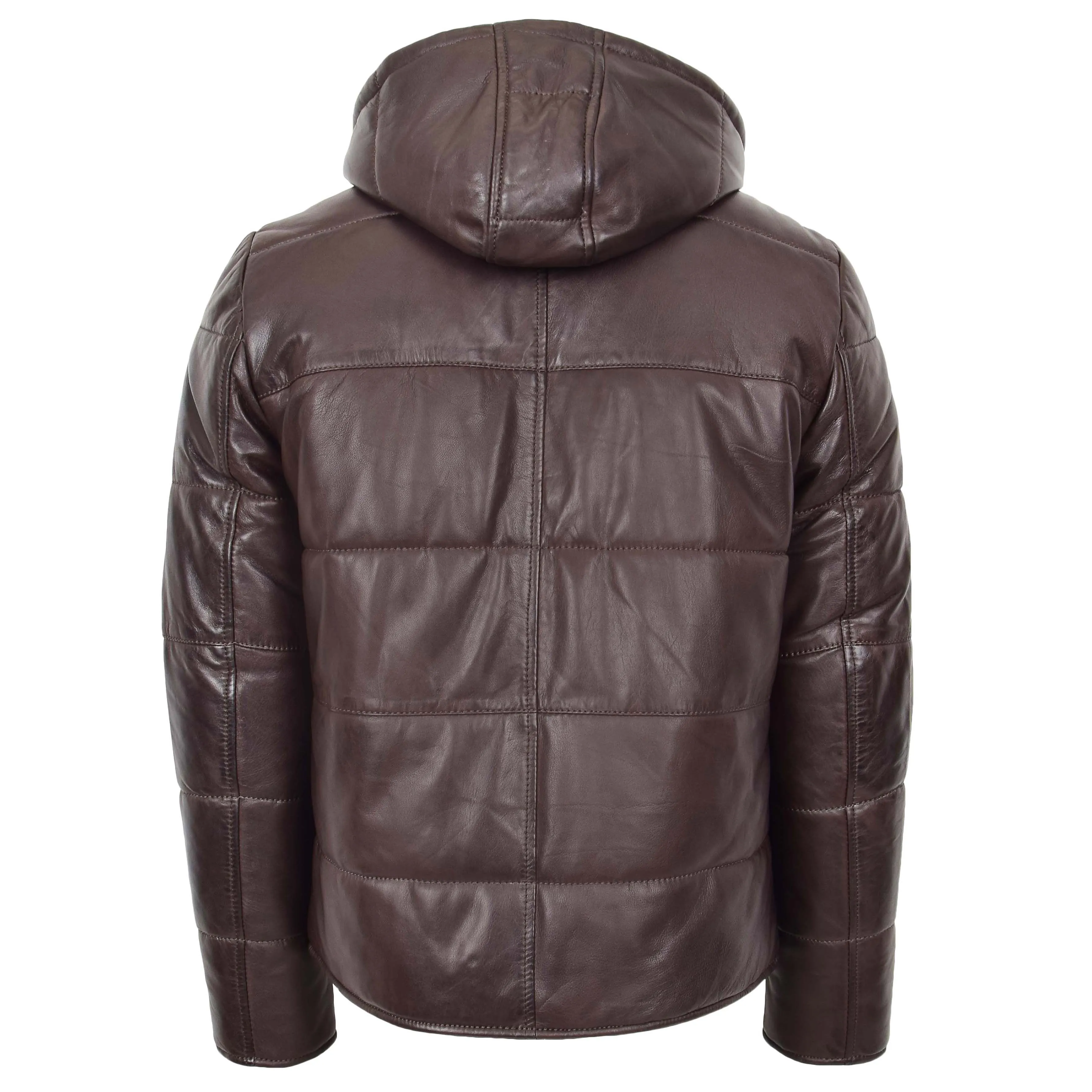 Mens Leather Hooded Puffer Jacket Rory Brown