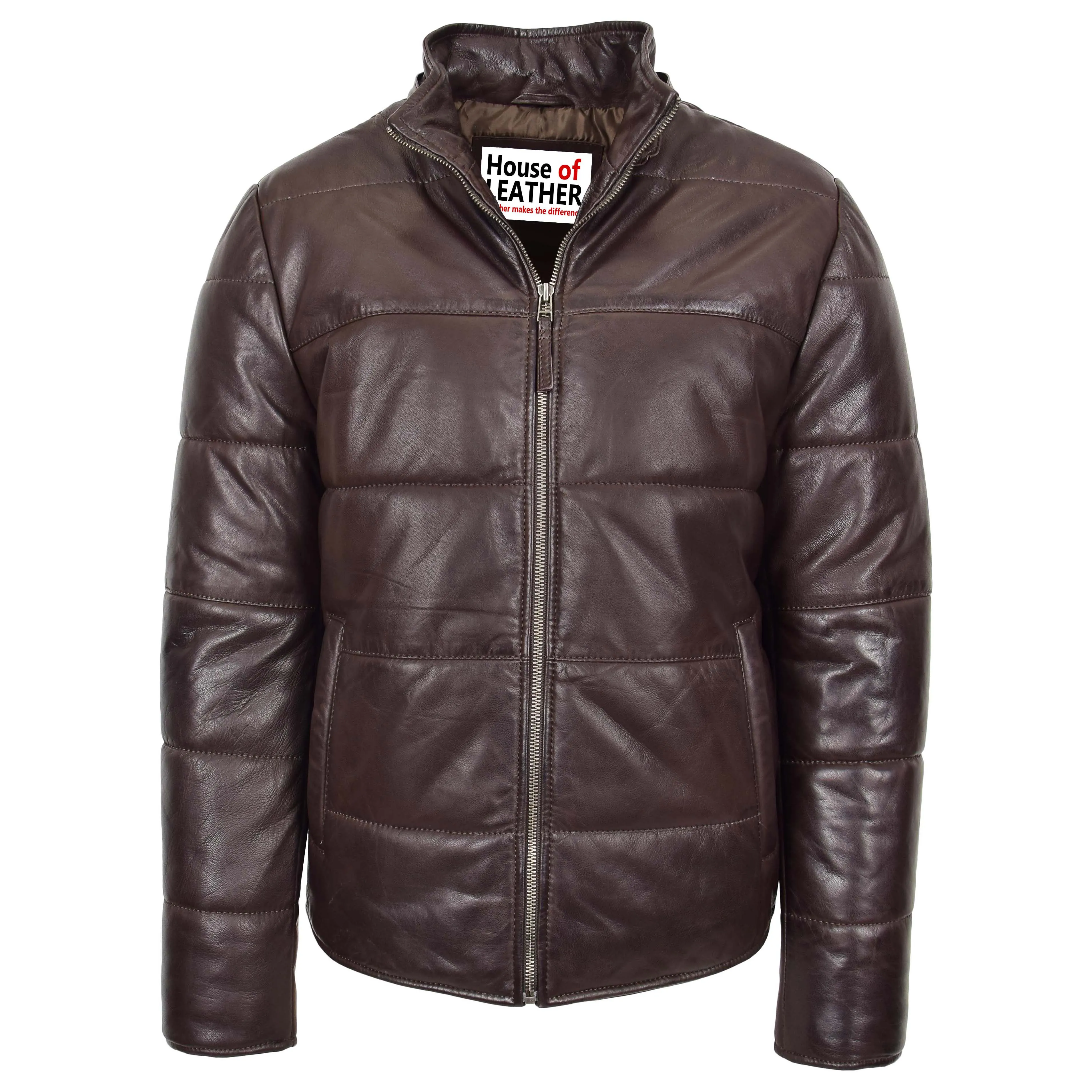 Mens Leather Hooded Puffer Jacket Rory Brown