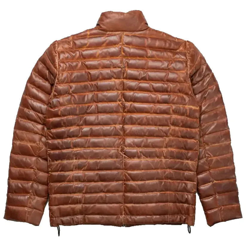 Mens Tan and Brown Leather Puffer Jacket