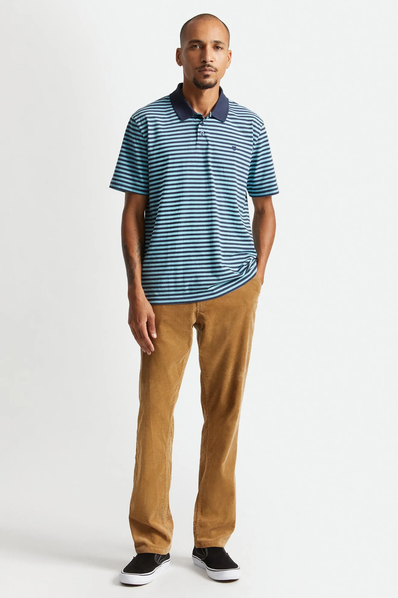 Micro Stripe S/S Polo Knit - Heather Teal/Navy