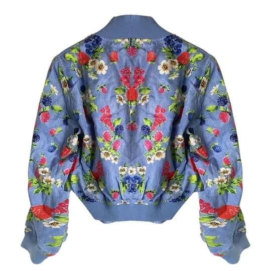 Moschino Fruit Print Blue Bomber Jacket