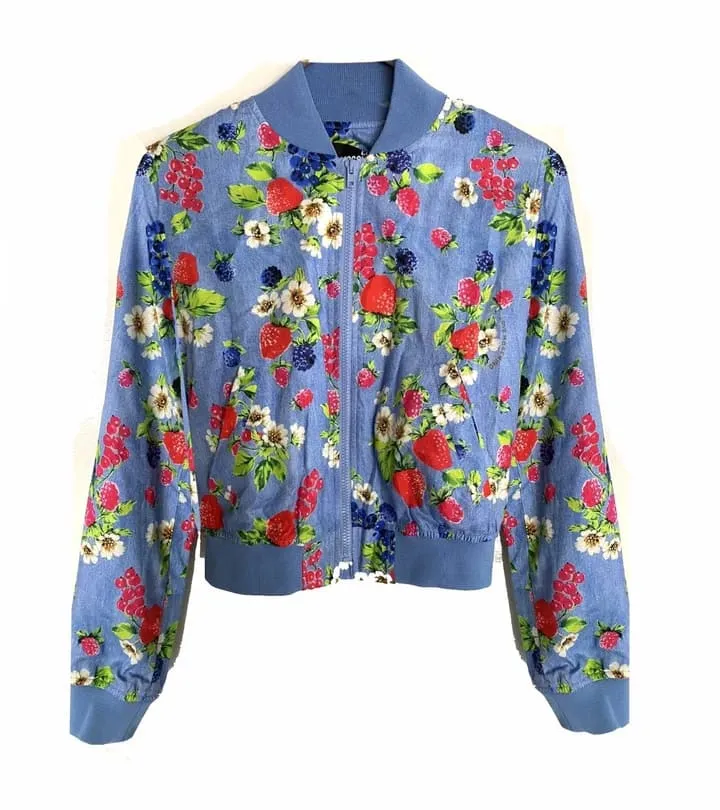 Moschino Fruit Print Blue Bomber Jacket