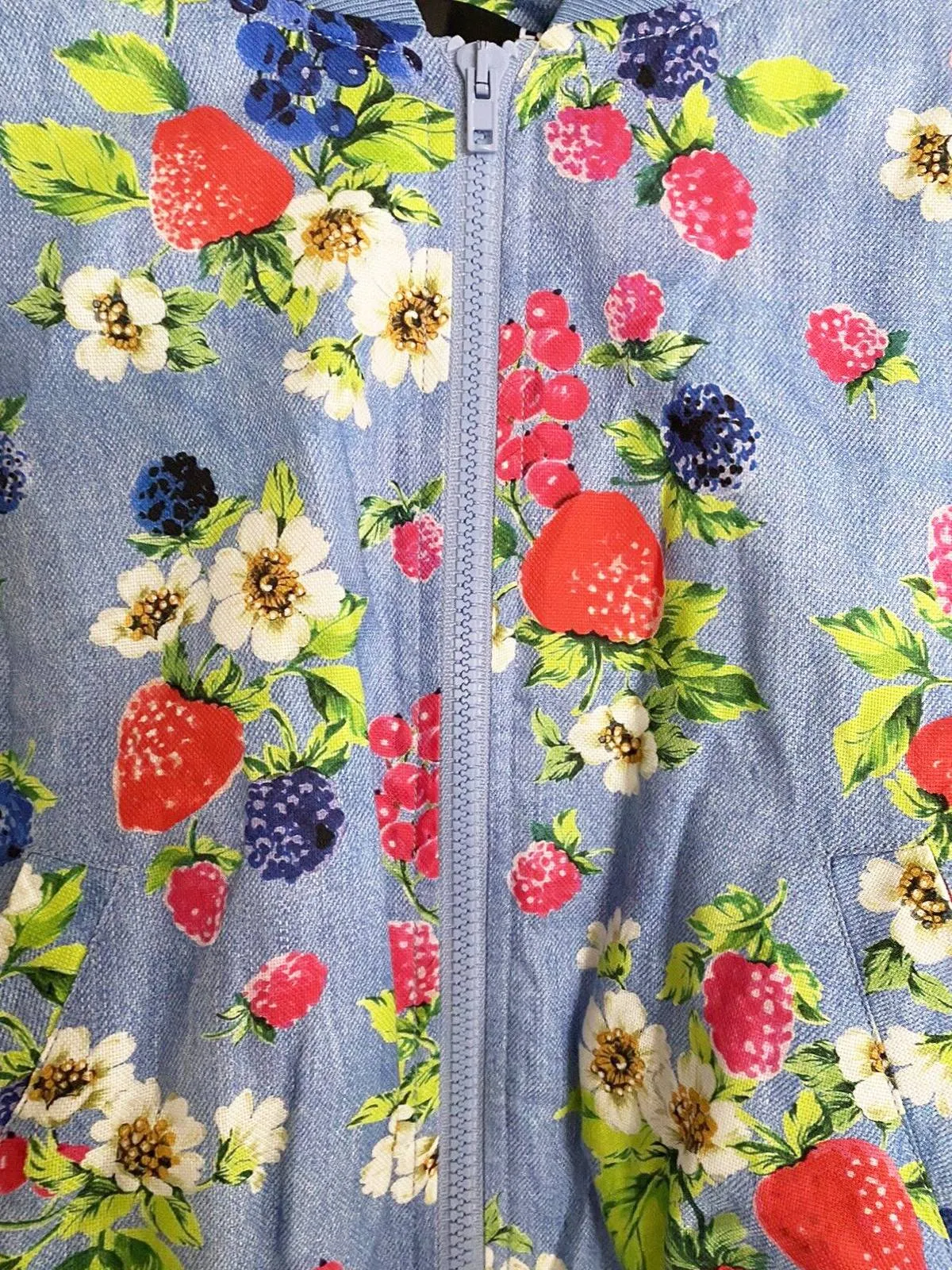 Moschino Fruit Print Blue Bomber Jacket