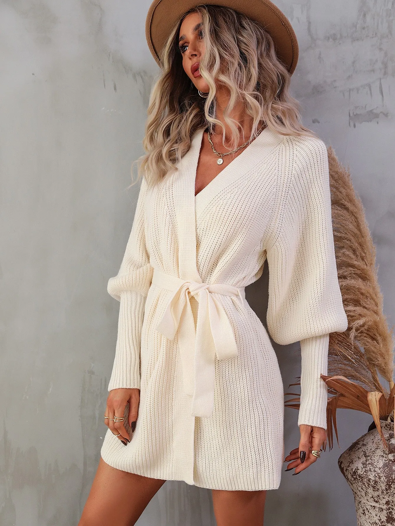 My Future Belted Surplice Lantern Sleeve Wrap Sweater Dress