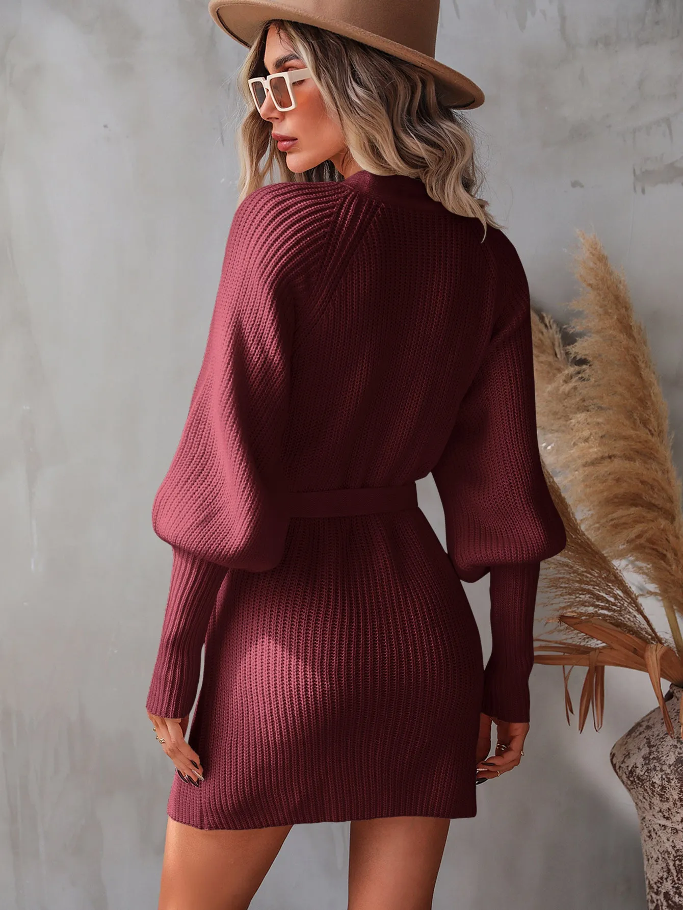 My Future Belted Surplice Lantern Sleeve Wrap Sweater Dress