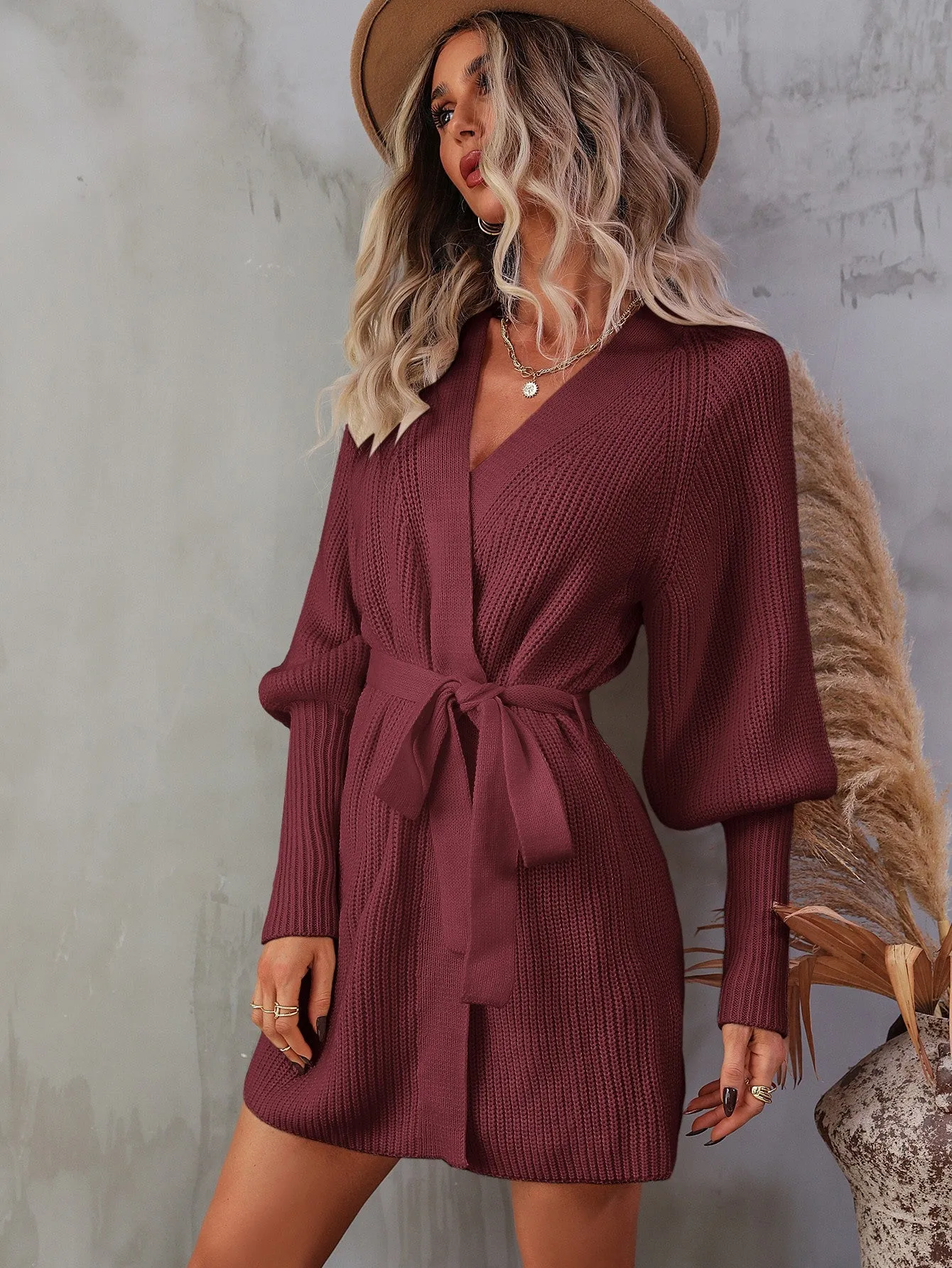 My Future Belted Surplice Lantern Sleeve Wrap Sweater Dress