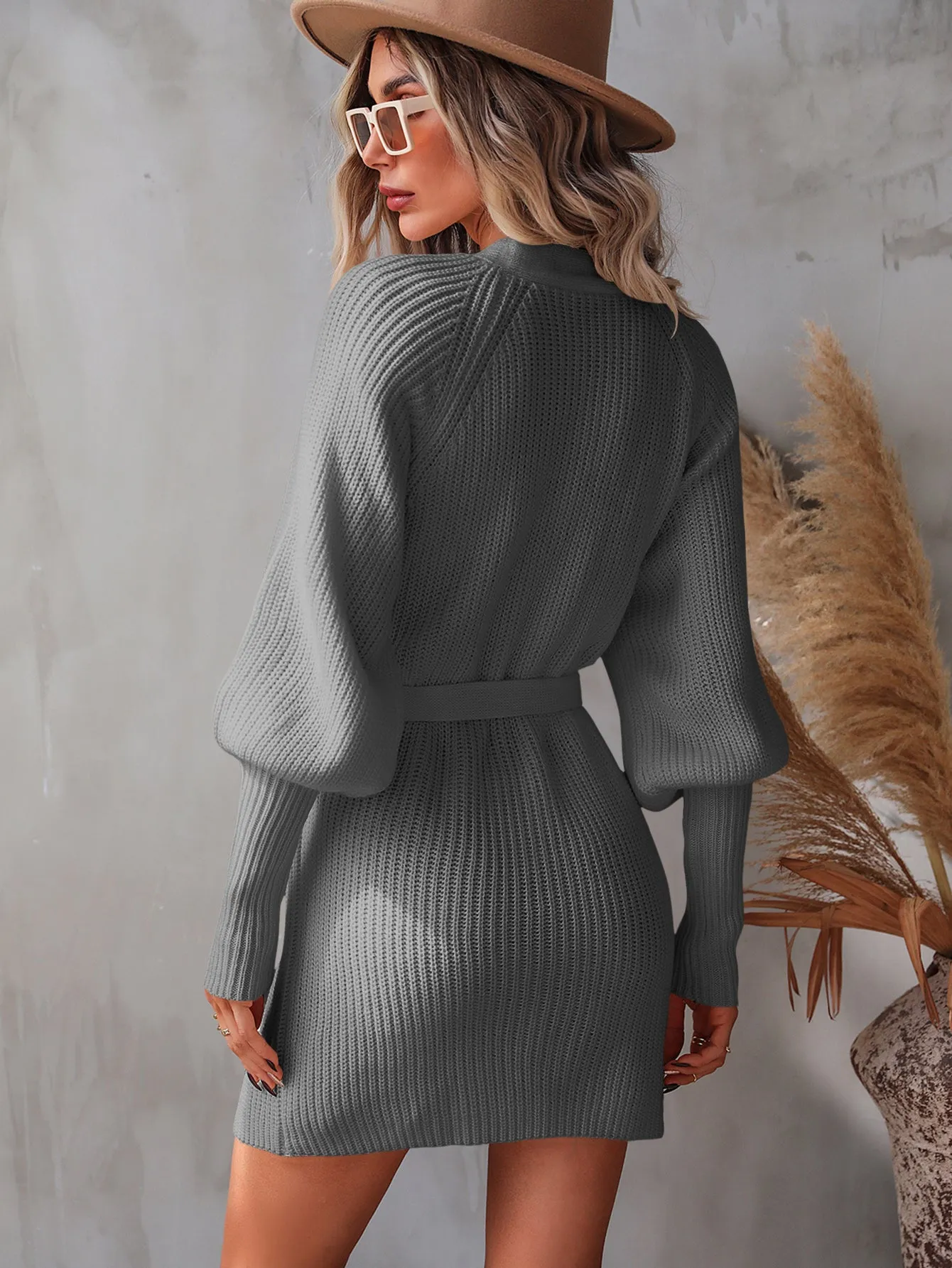 My Future Belted Surplice Lantern Sleeve Wrap Sweater Dress