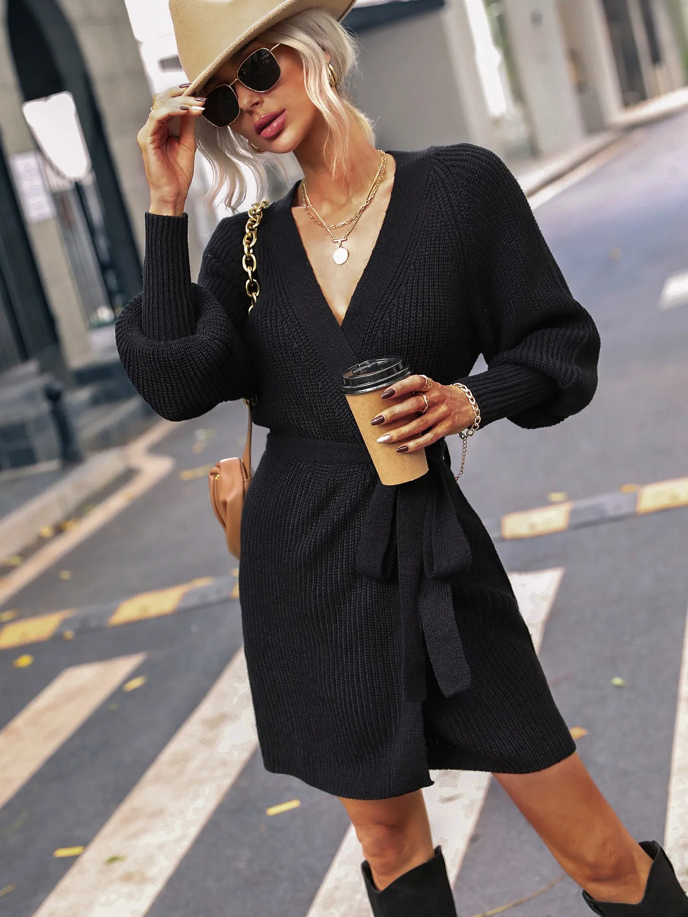 My Future Belted Surplice Lantern Sleeve Wrap Sweater Dress