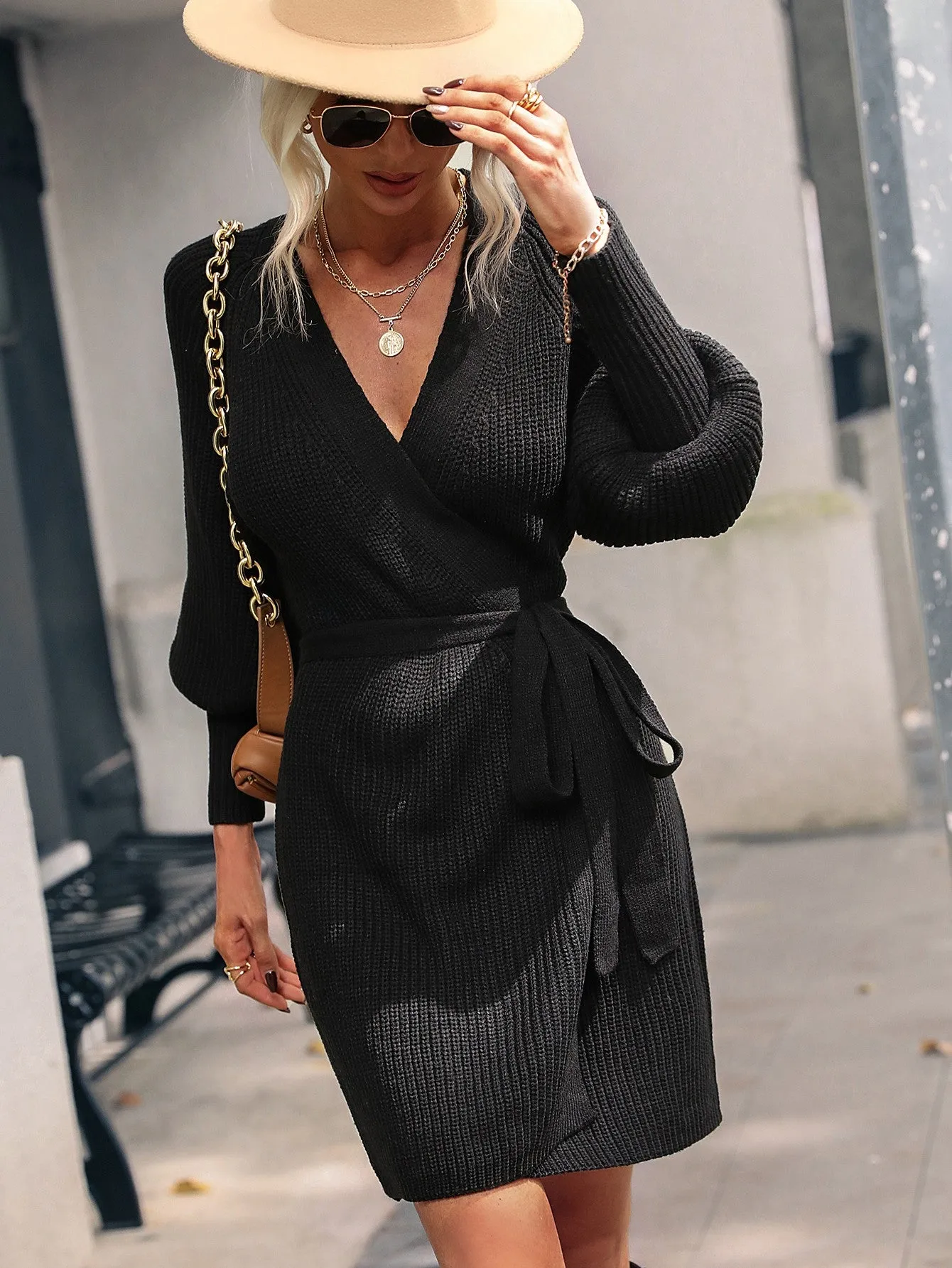 My Future Belted Surplice Lantern Sleeve Wrap Sweater Dress