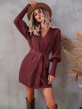 My Future Belted Surplice Lantern Sleeve Wrap Sweater Dress