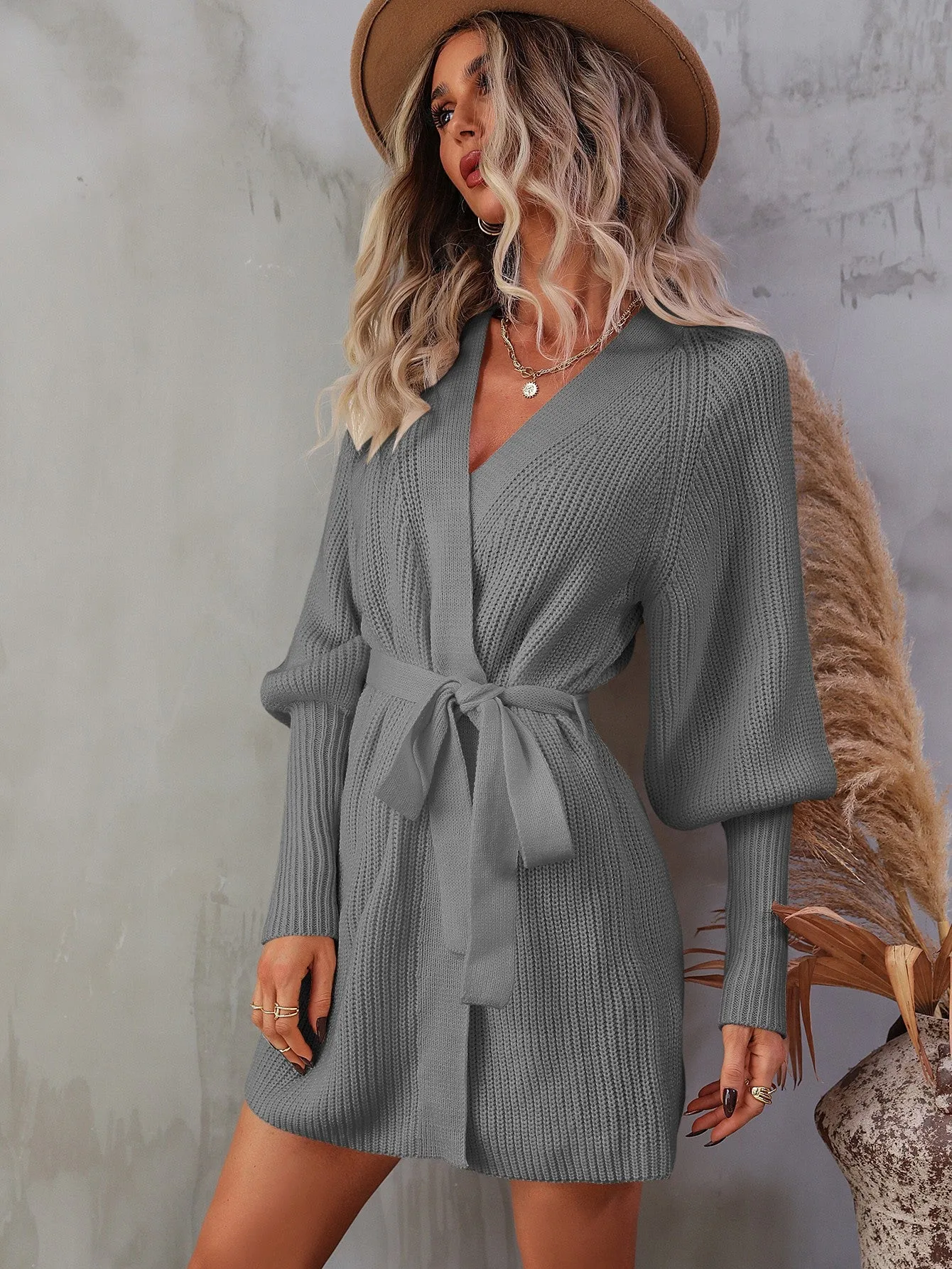 My Future Belted Surplice Lantern Sleeve Wrap Sweater Dress