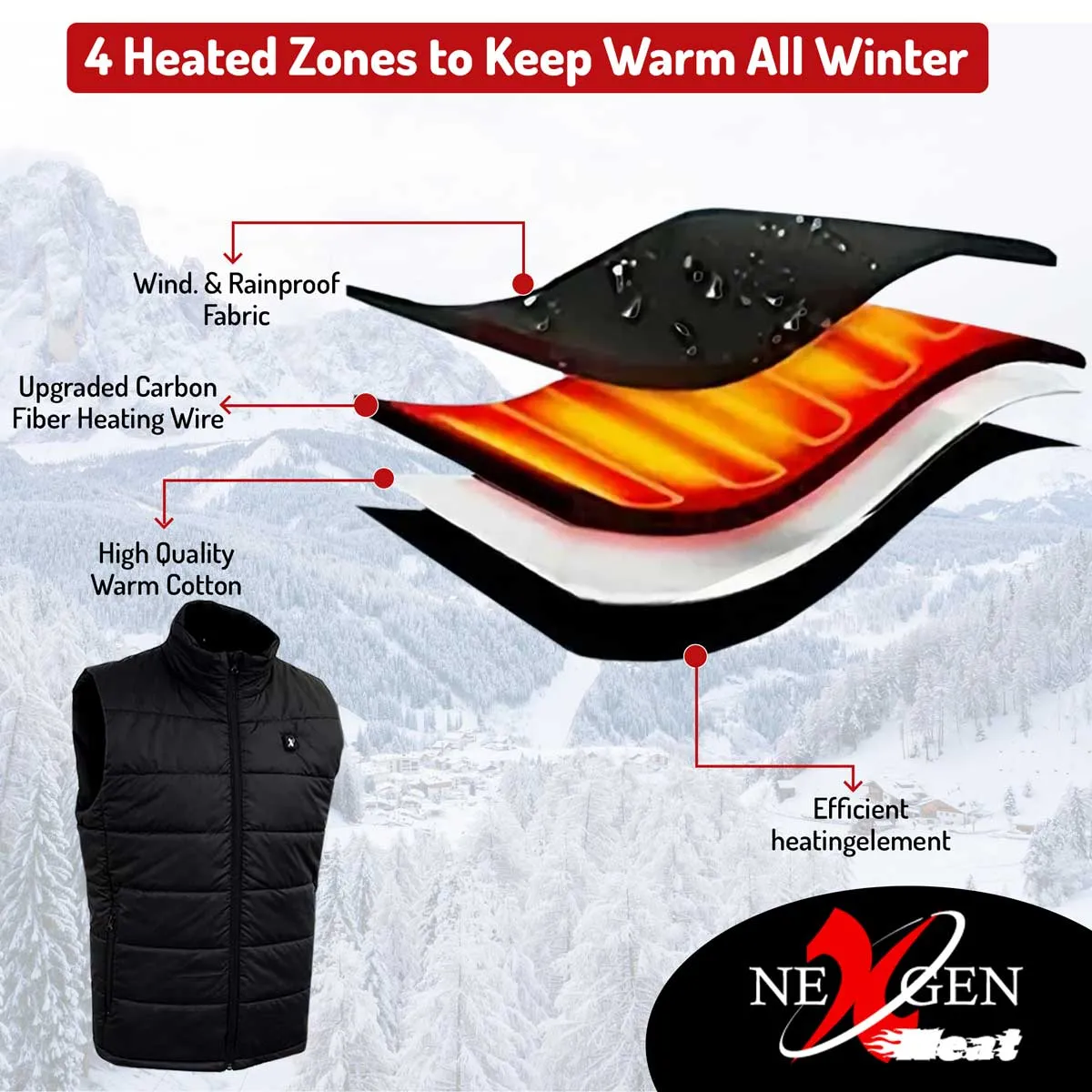 Nexgen Heat Men's NXM3301SET Puffer Black Heated Winter Vest for Outdoor Activities w/ Battery