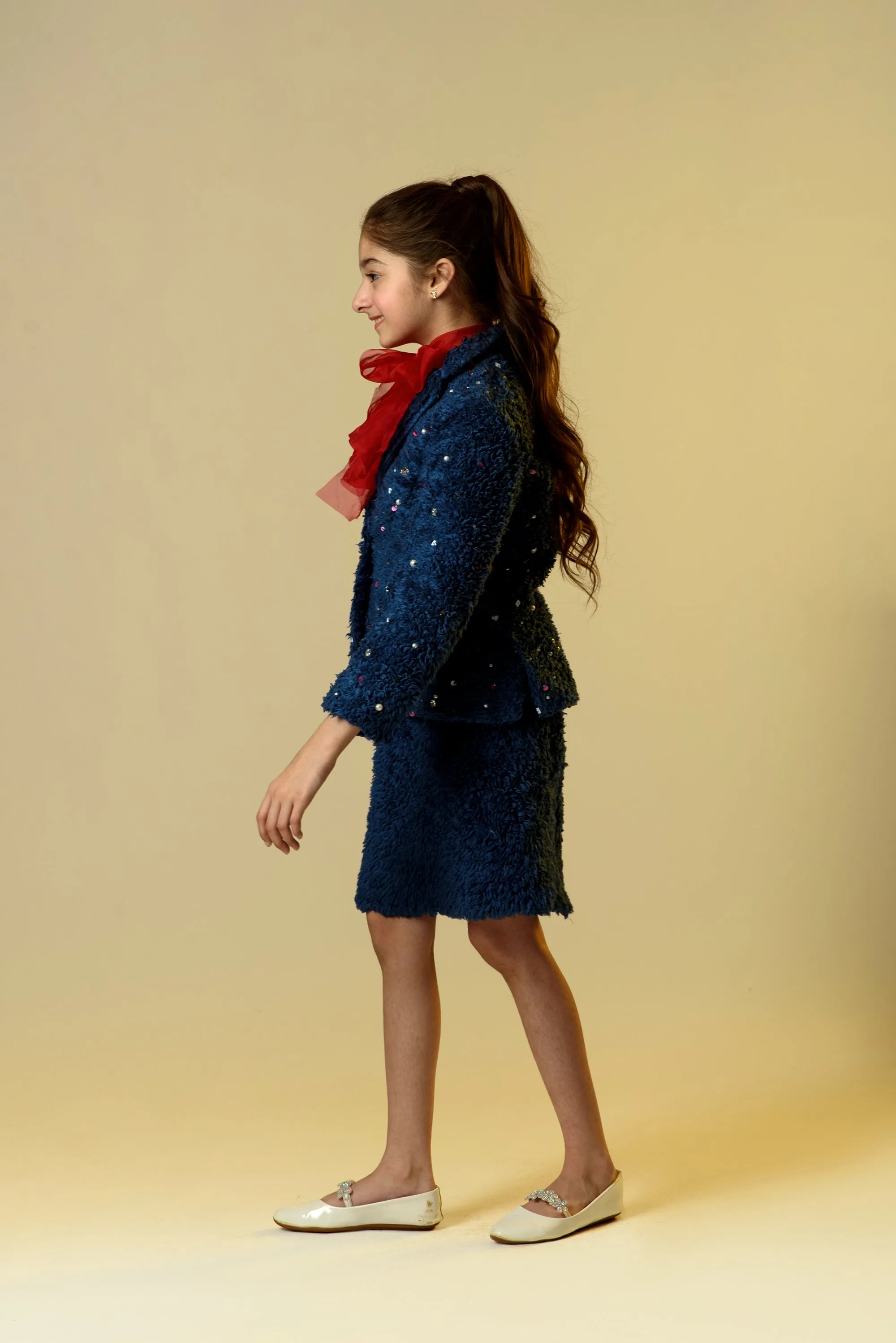 Nightingale Trumpet- Blue Embroidered Organic Sherpa Blazer With Skirt For Girls