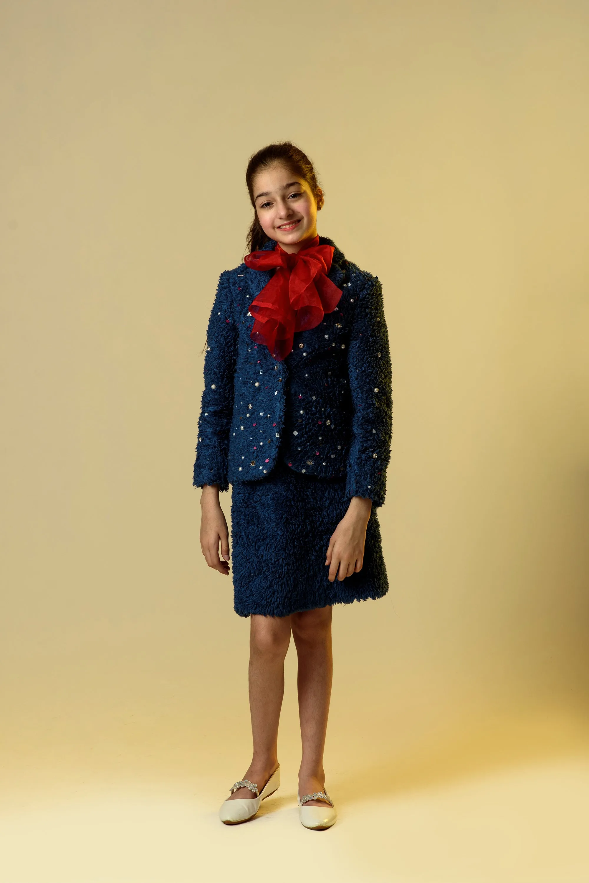 Nightingale Trumpet- Blue Embroidered Organic Sherpa Blazer With Skirt For Girls