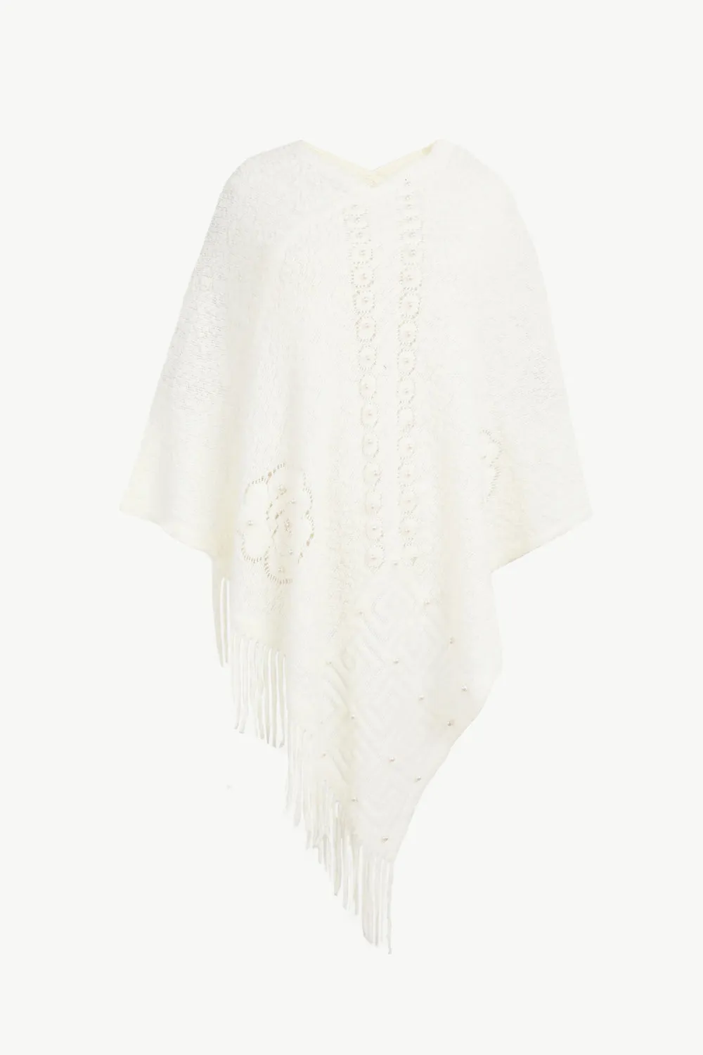 Pearl Trim Fringe Hem Poncho