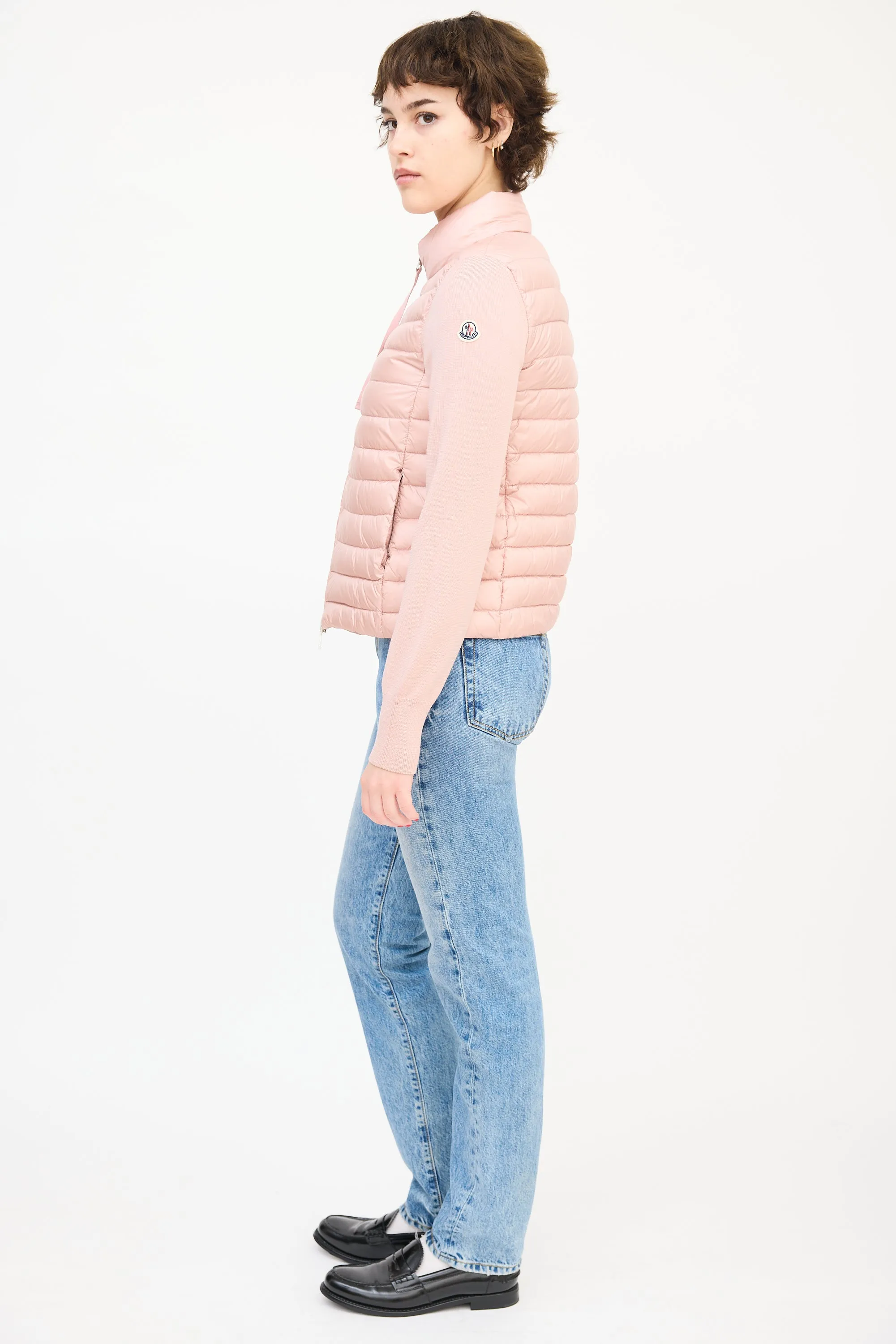 Pink Wool Sleeve & Nylon Shell Puffer Jacket