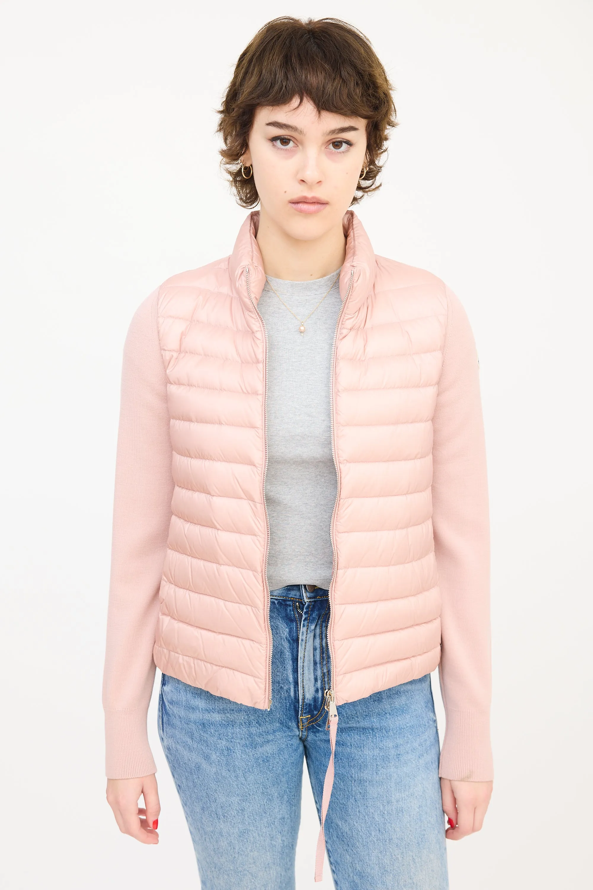 Pink Wool Sleeve & Nylon Shell Puffer Jacket