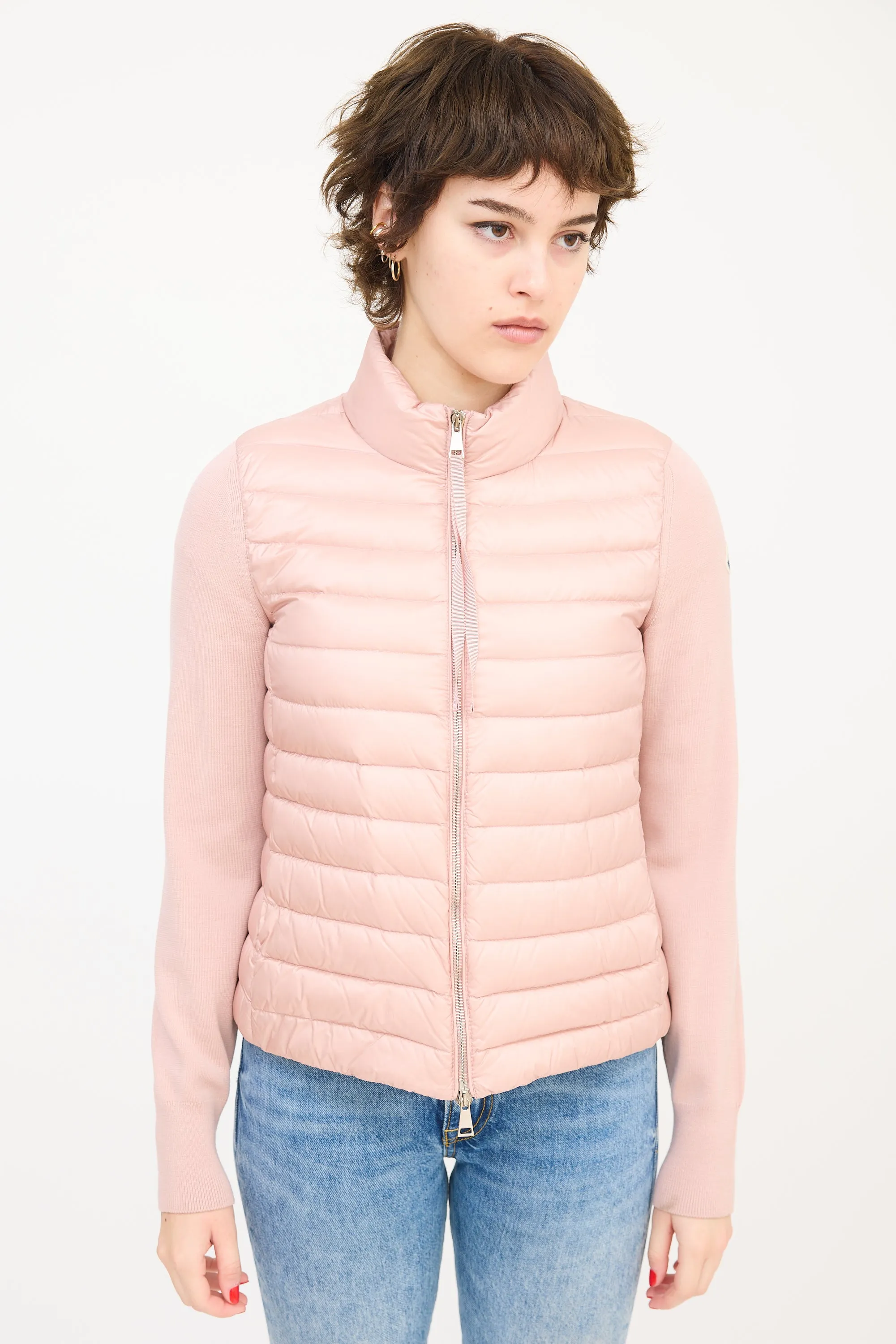 Pink Wool Sleeve & Nylon Shell Puffer Jacket