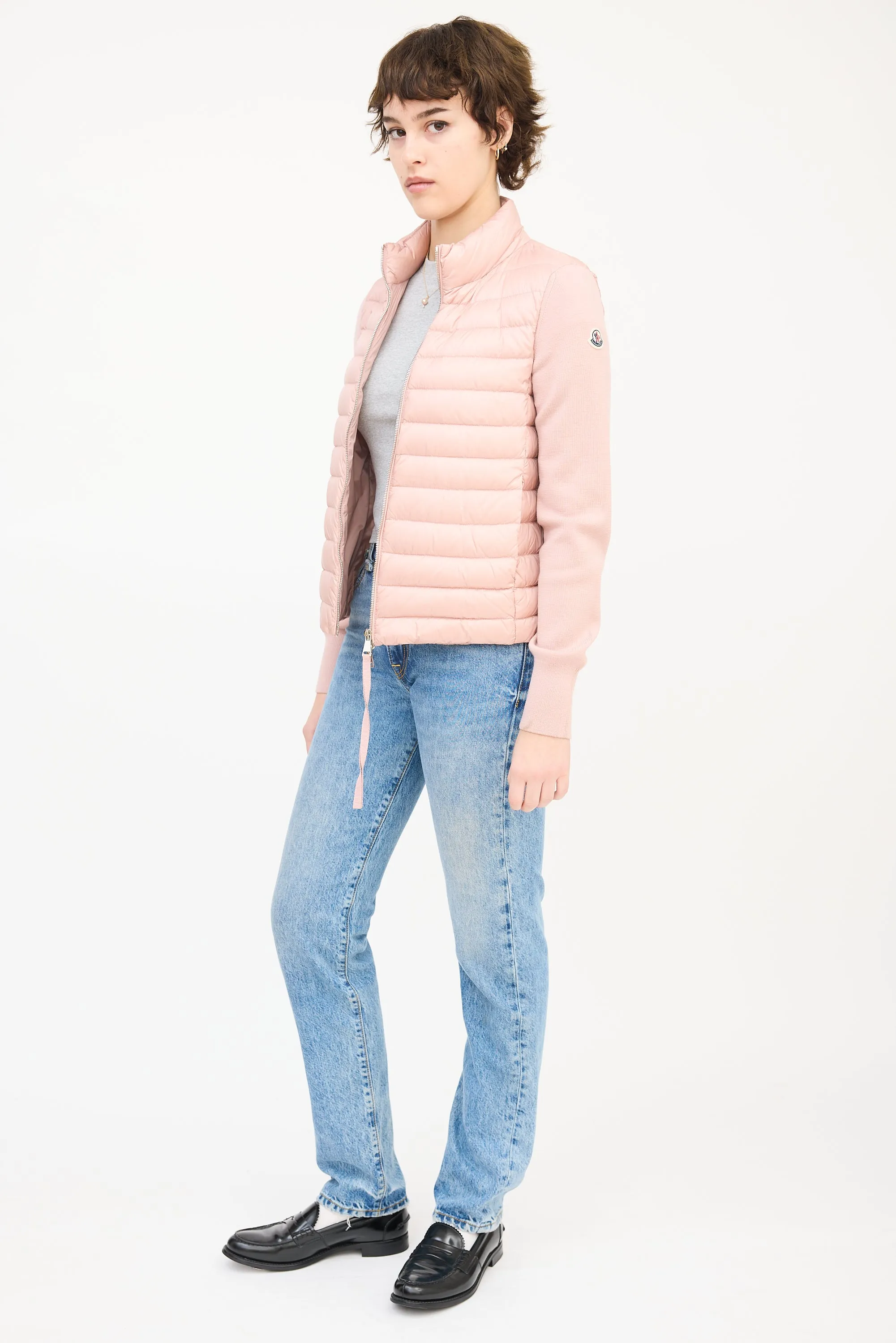 Pink Wool Sleeve & Nylon Shell Puffer Jacket