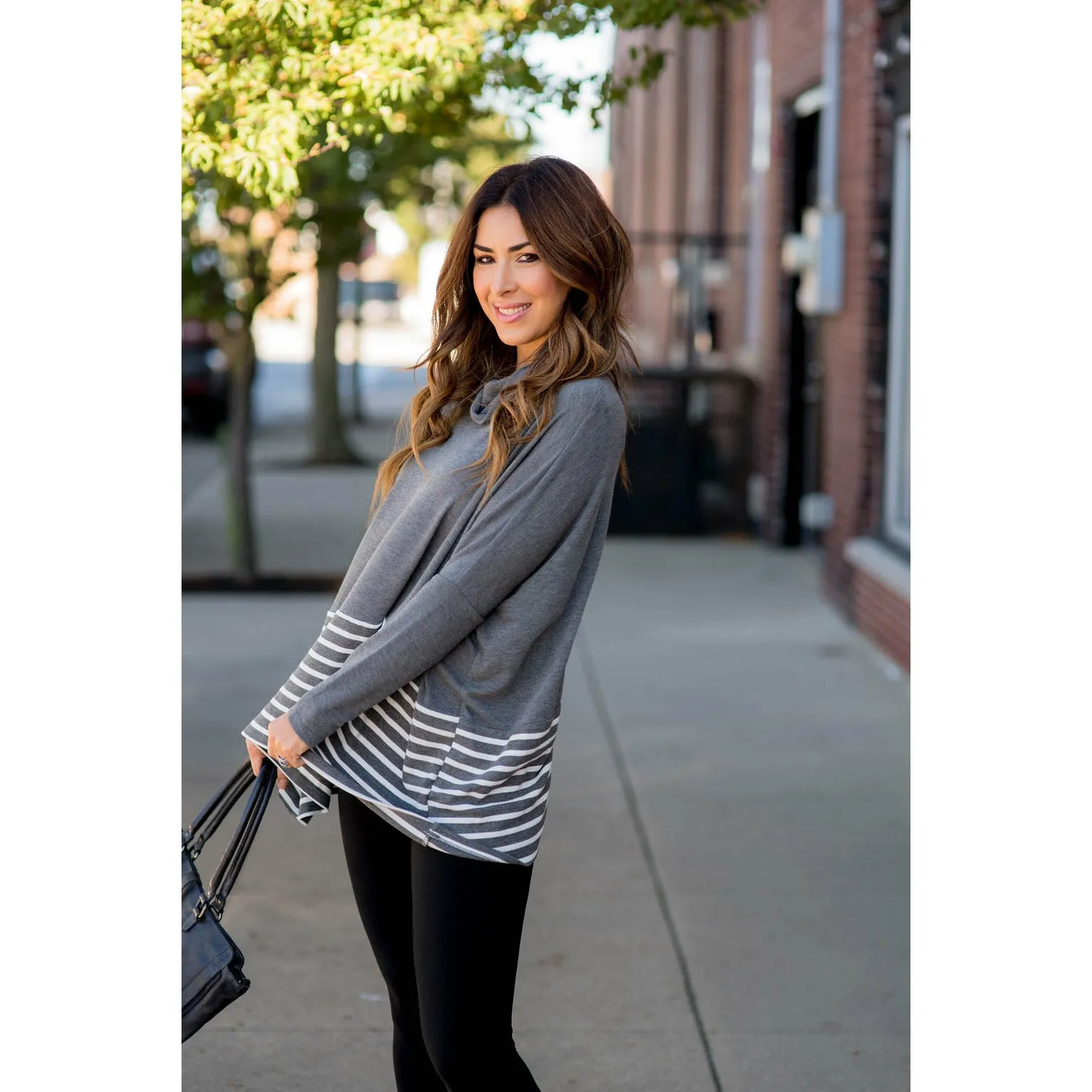 Poncho Style Striped Cowl Neck Sweater