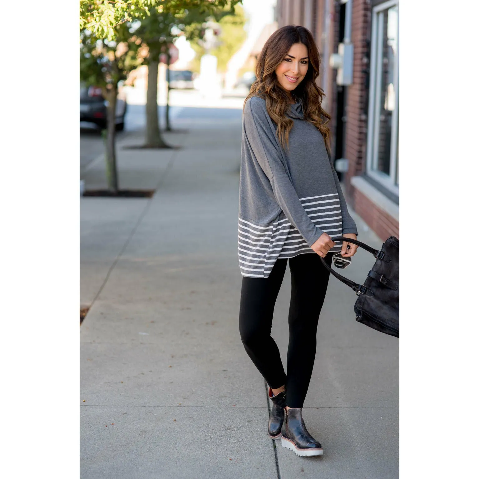 Poncho Style Striped Cowl Neck Sweater