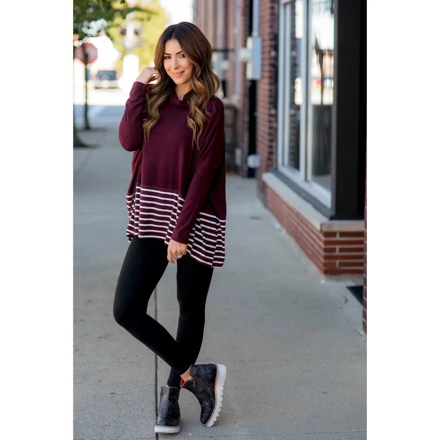 Poncho Style Striped Cowl Neck Sweater