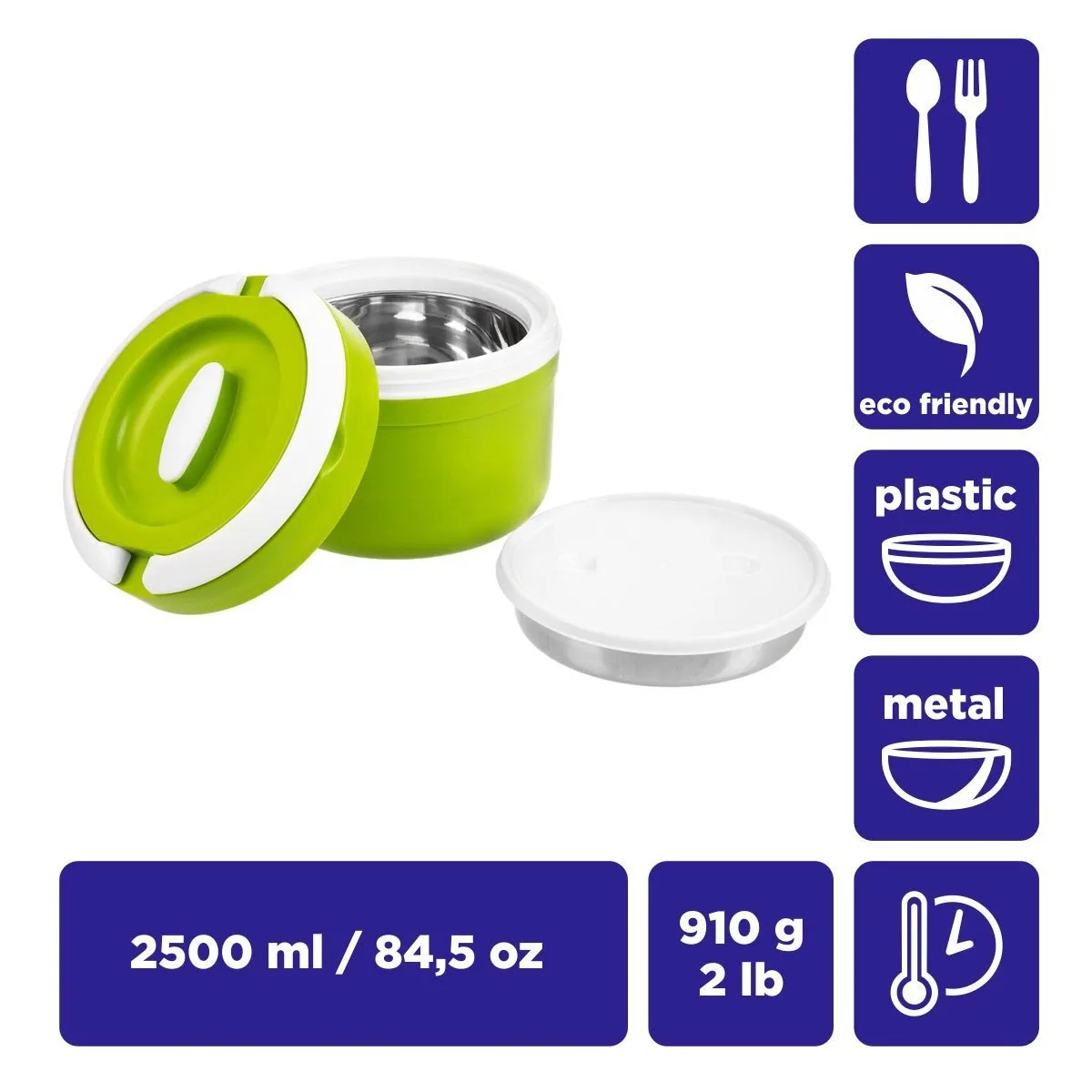 Prime, Green Plastic Lunch Container | 84.5 oz | Stainless Steel Insulation